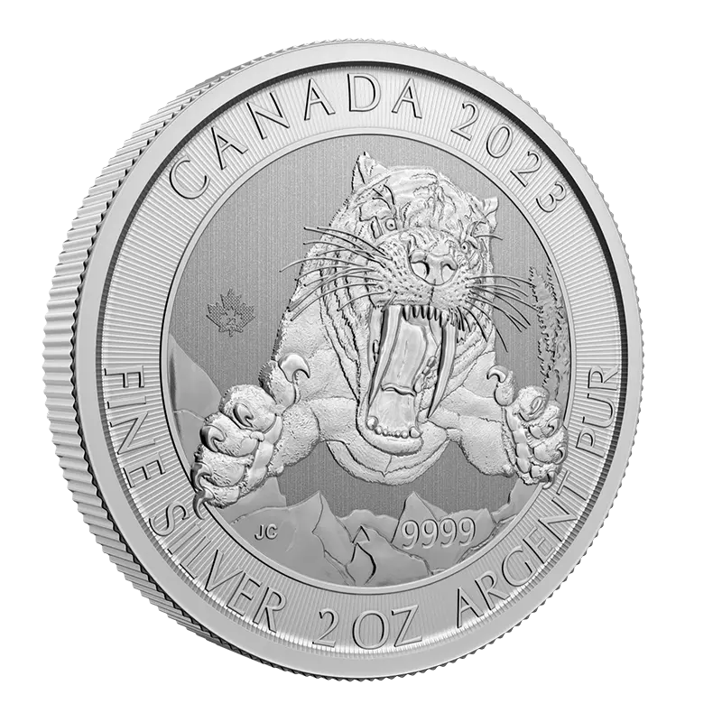 An image of a 2-ounce silver coin featuring the Smilodon sabre-tooth cat, from TD Precious Metals.
