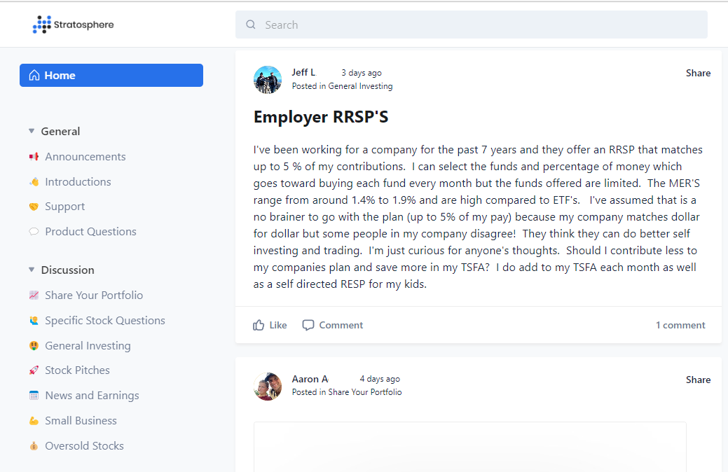 Screenshot of Stratosphere Investing's online platform