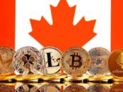 Canadian flag with visualized cryptocurrencies in the foreground