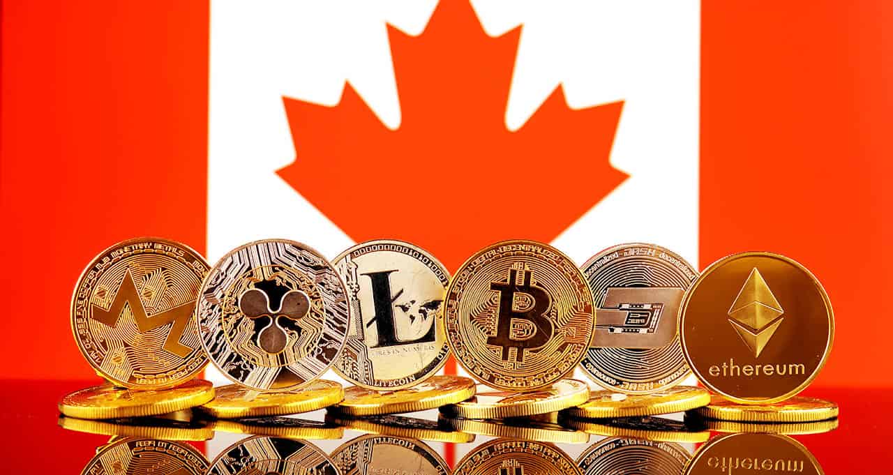 Canadian flag with visualized cryptocurrencies in the foreground